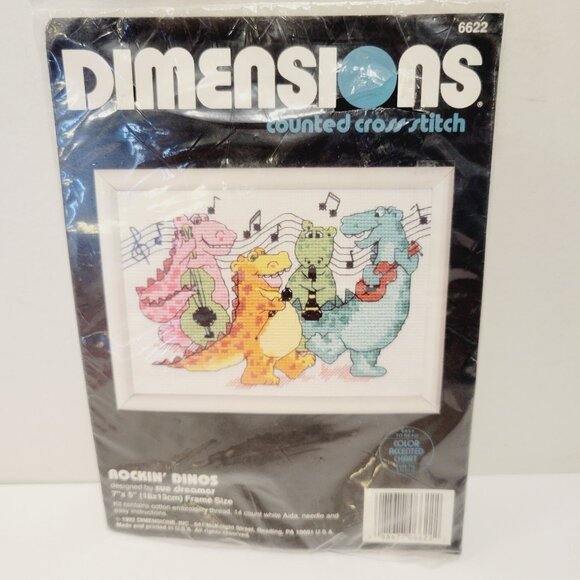 Vtg Dimensions Rockin Dinos 6622 Counted Cross Stitch Kit dinosaur band - Picture 1 of 3